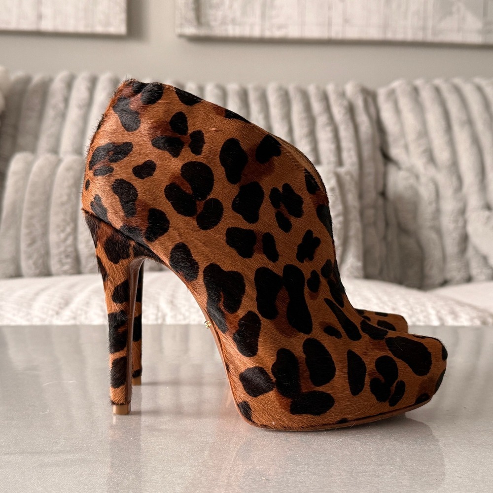 SCHUTZ Leopard‎ Print Calf Hair Ankle Booties Platform High Heel Women's Size 8B